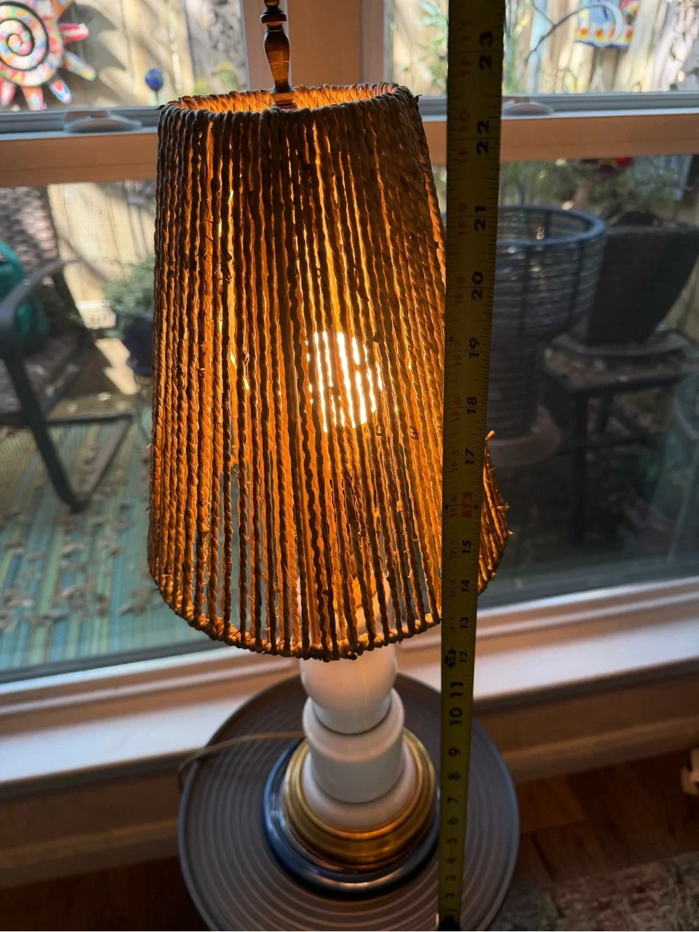 Vintage White Glass and Brass Small Table Lamp. Jute Shade. Hand Painted Stripe